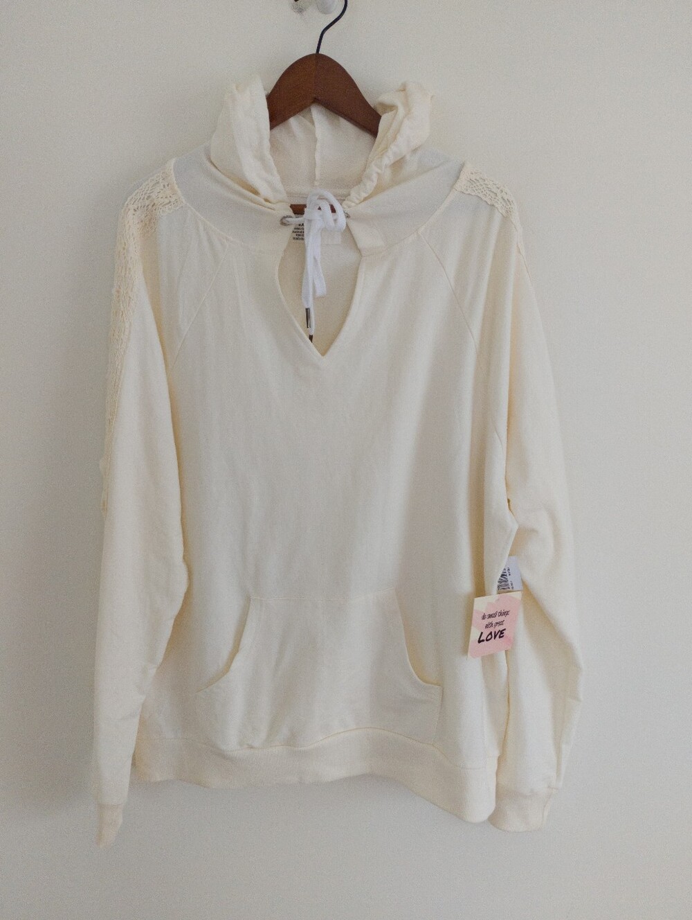 The Sweatshirt Project Crochet Shoulder V-Neck Hoodie Cream 2X NWT